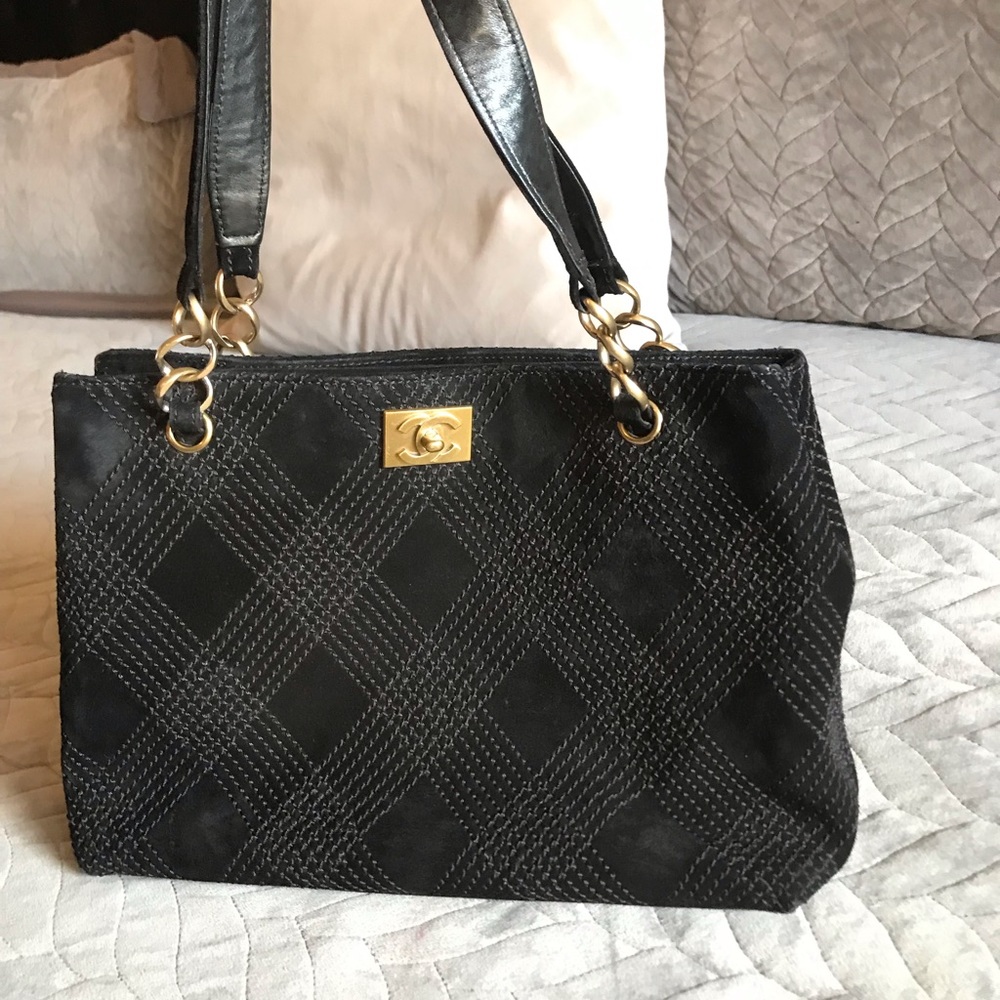 Chanel black suede cross stitch pattern tote